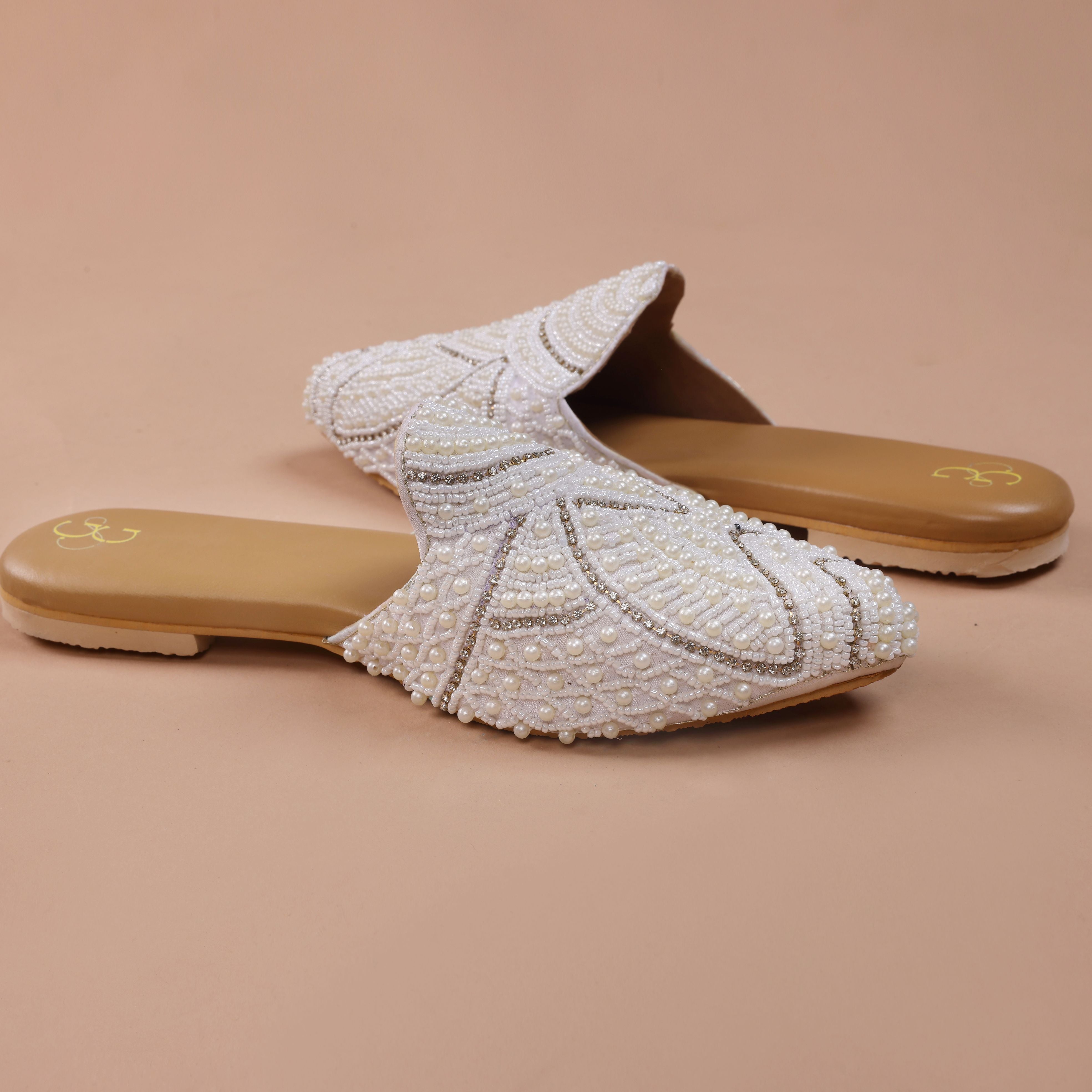 Women embellished white ethnic embroidery mules