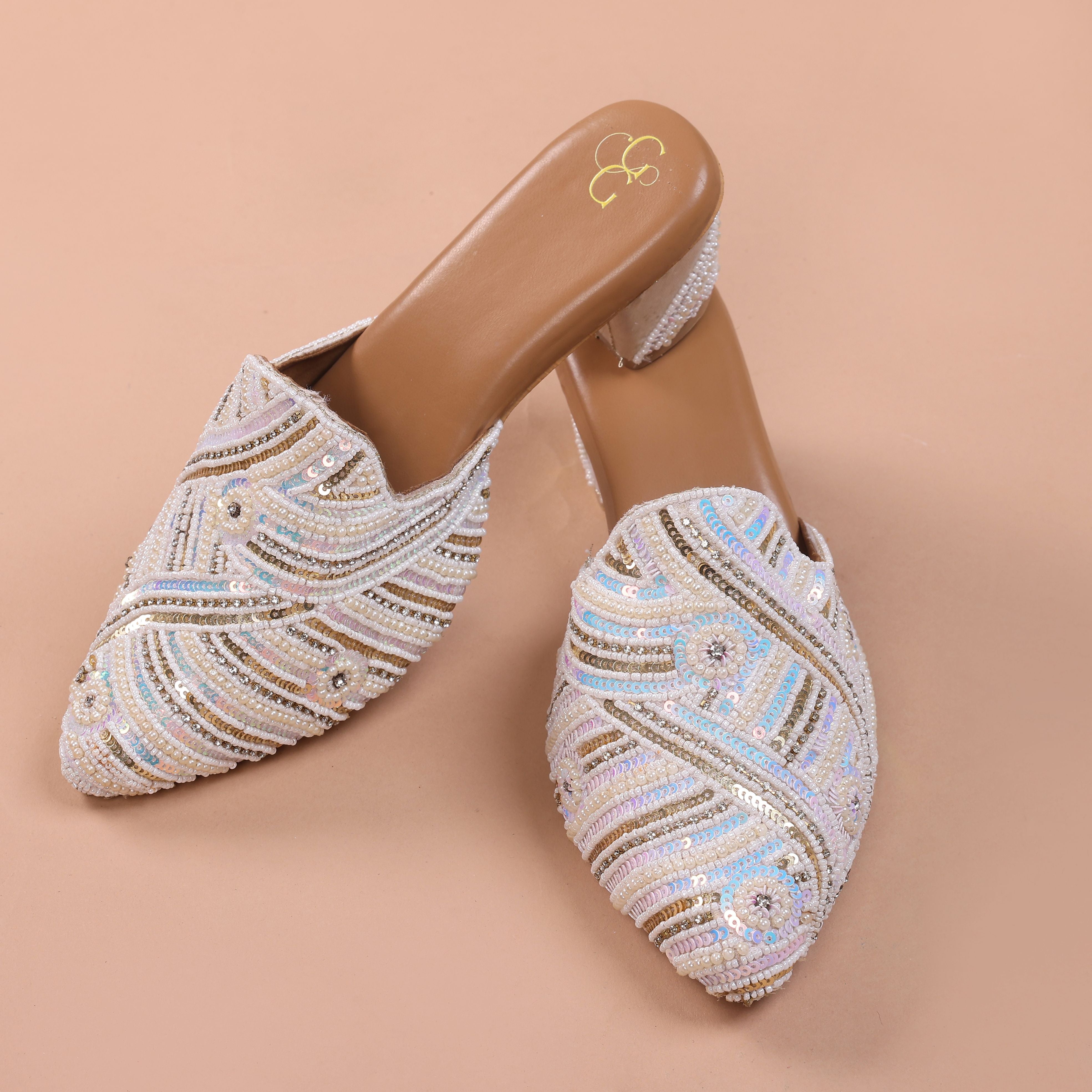 Perfectly pale embroidered handcrafted mule heels