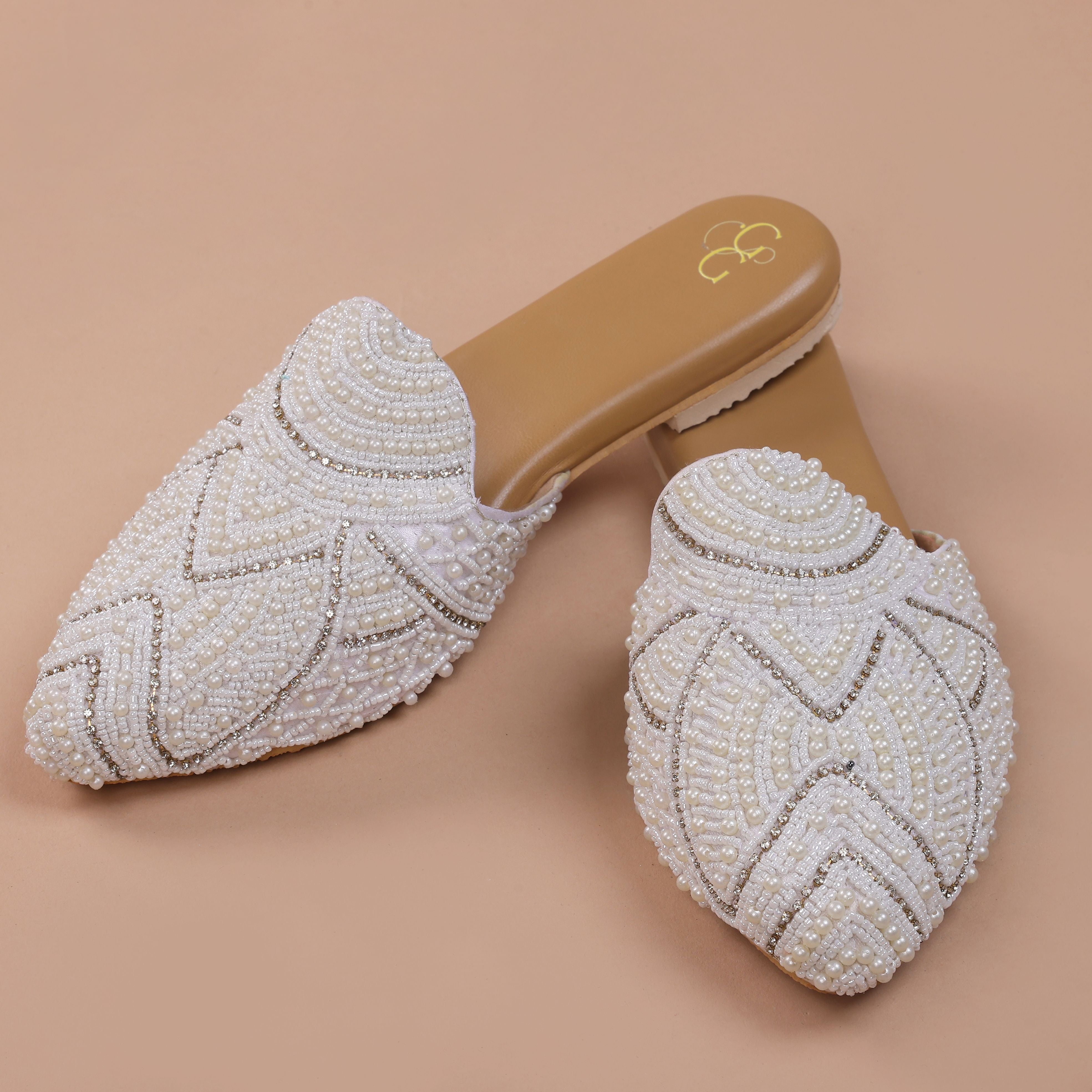 Women embellished white ethnic embroidery mules