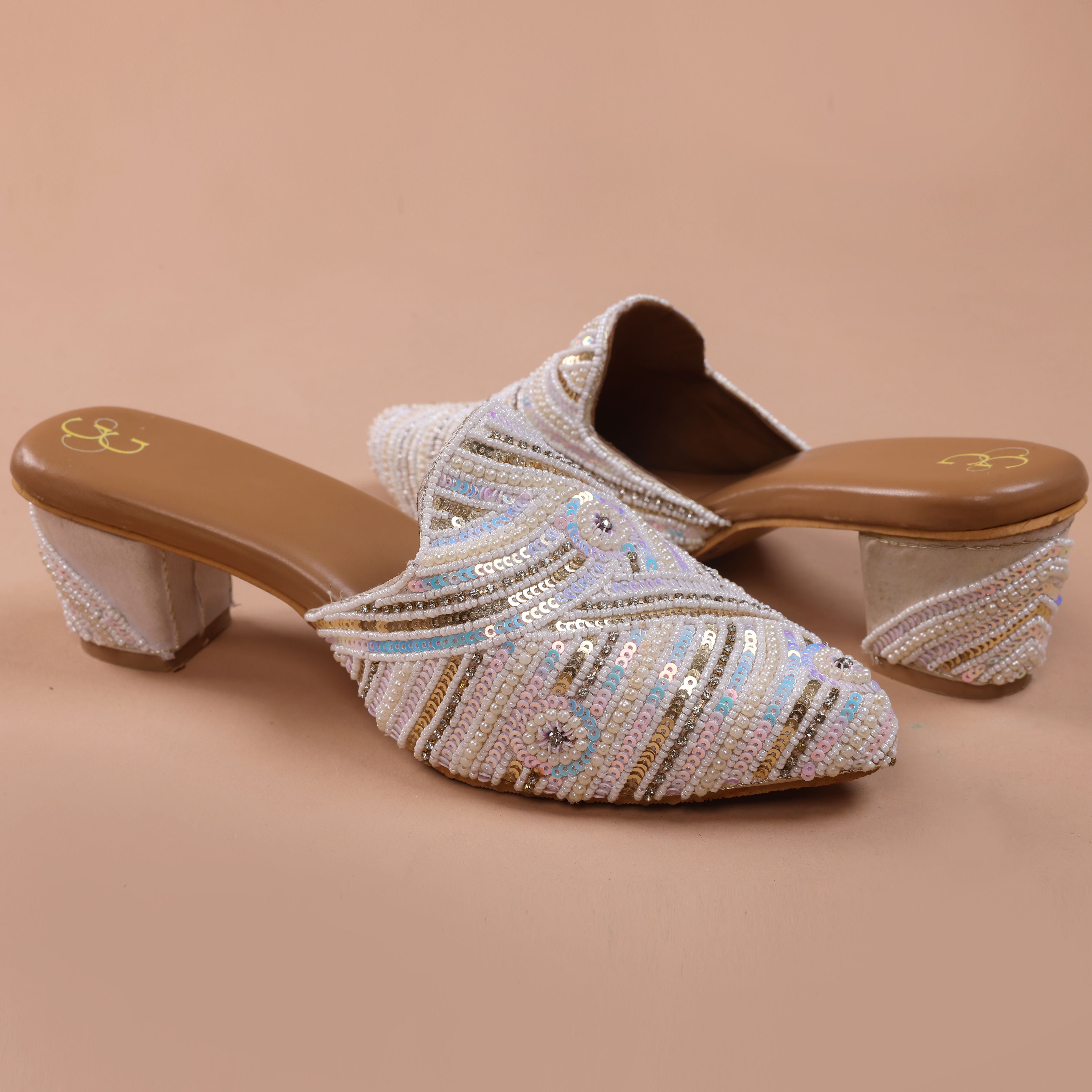 Perfectly pale embroidered handcrafted mule heels