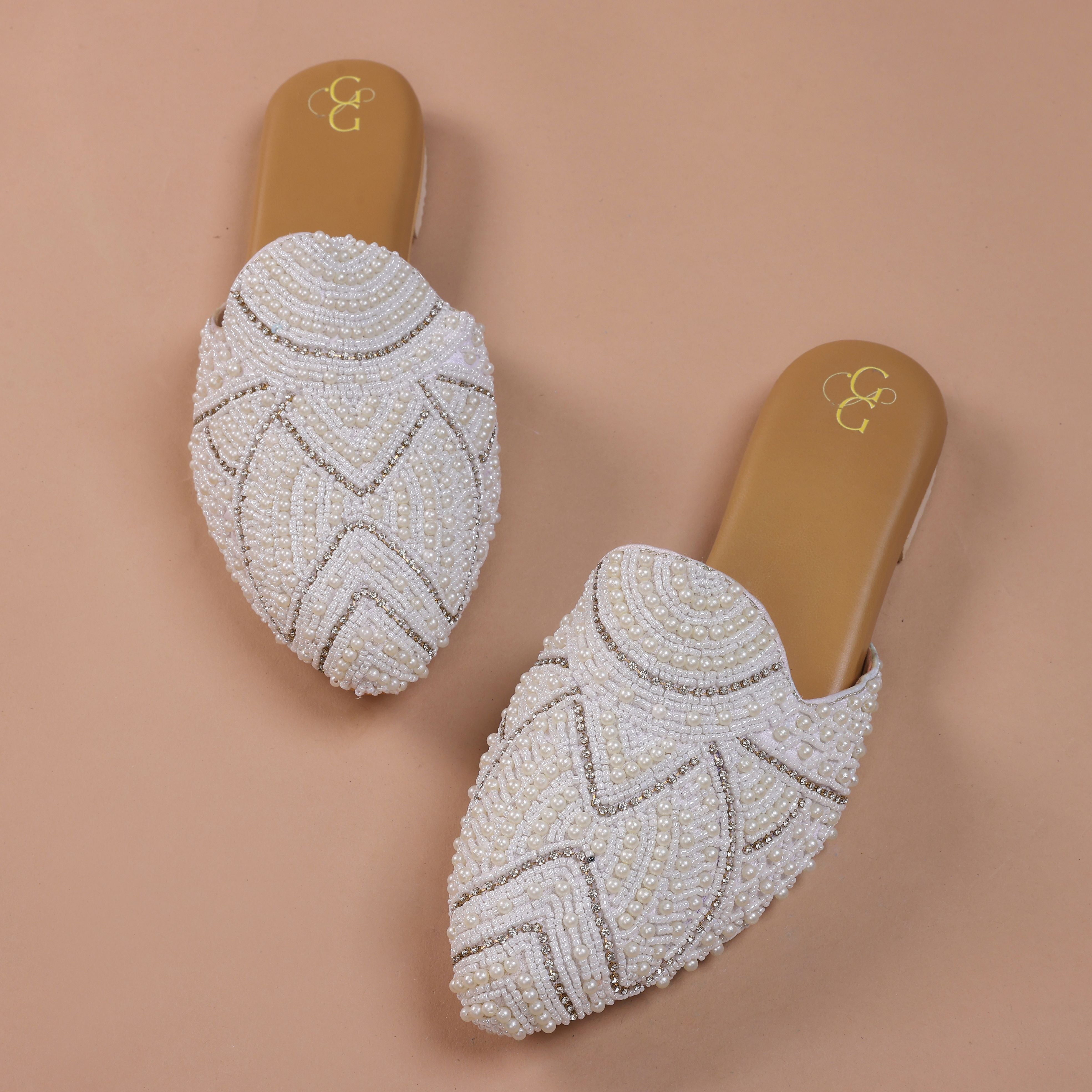 Women embellished white ethnic embroidery mules