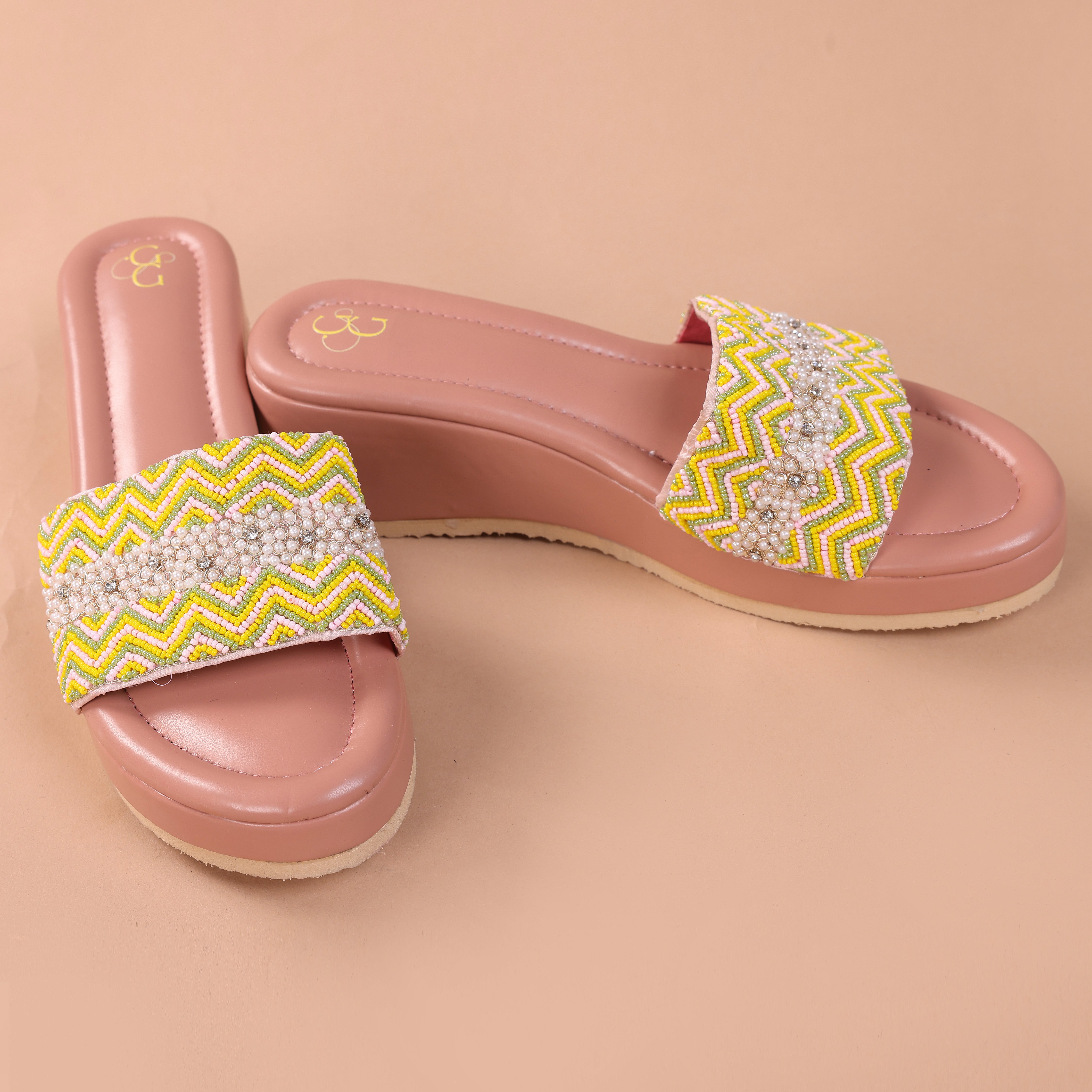 Womens yellow zig zag beaded vibrant wedges