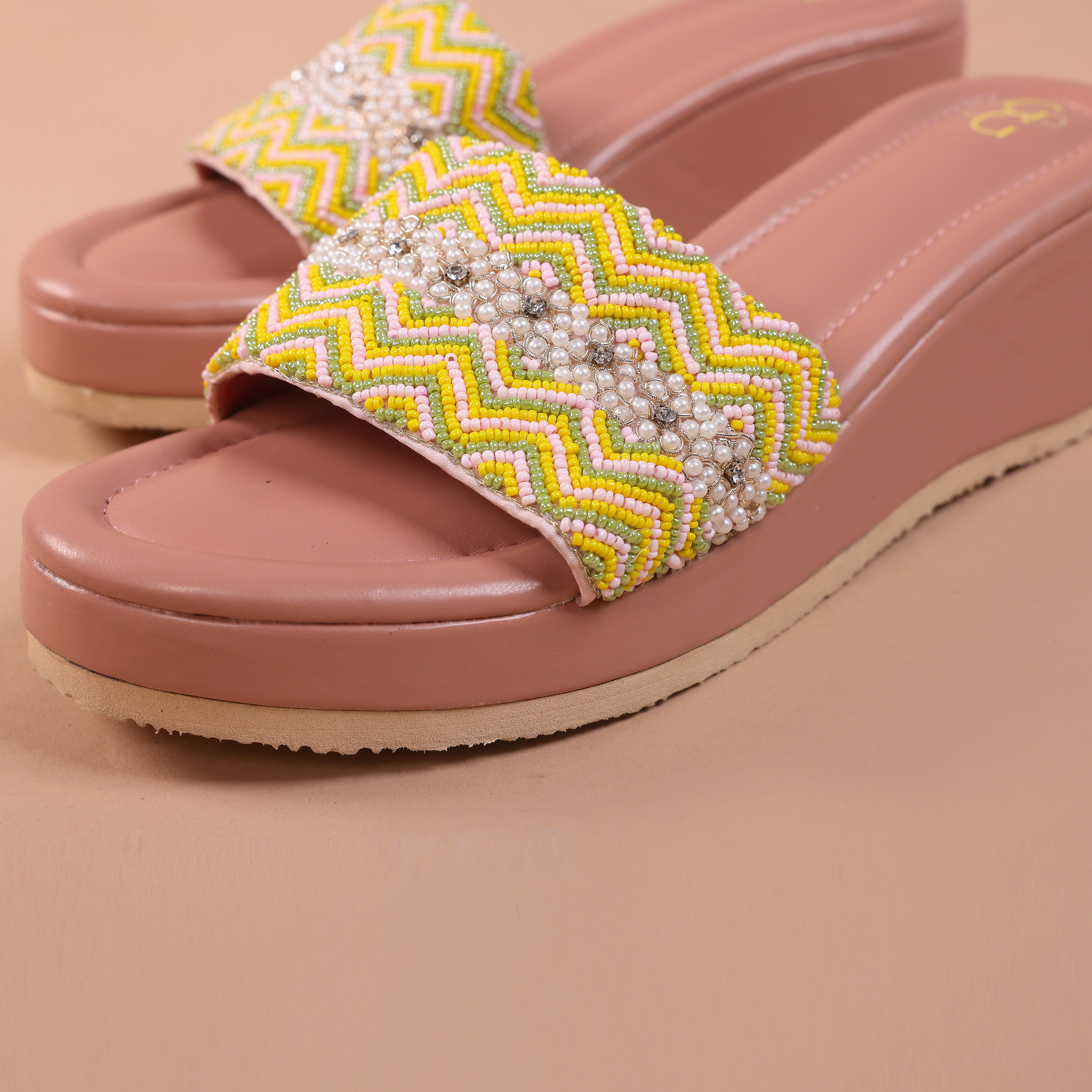 Womens yellow zig zag beaded vibrant wedges