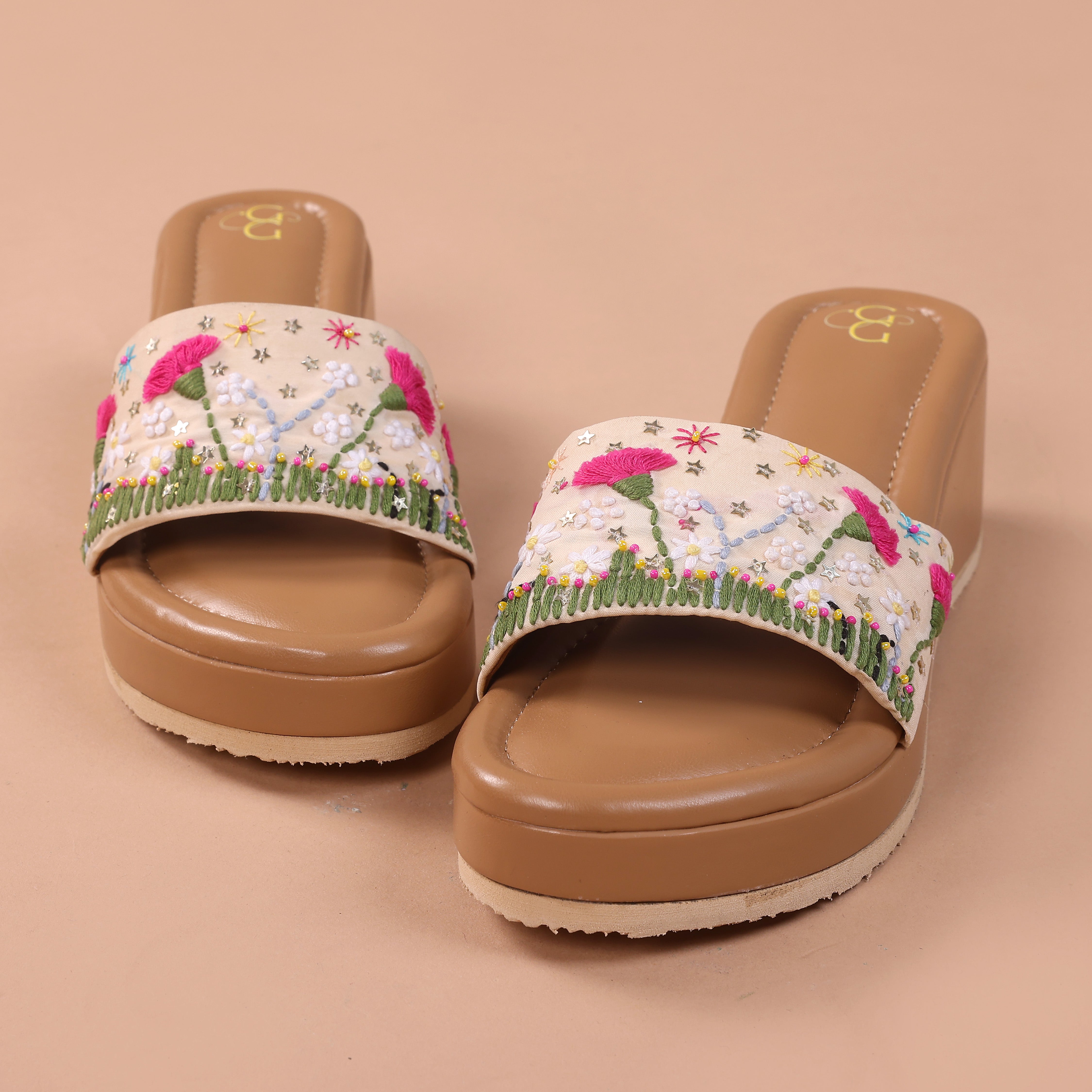 Embroidered open toe slip-on wedges