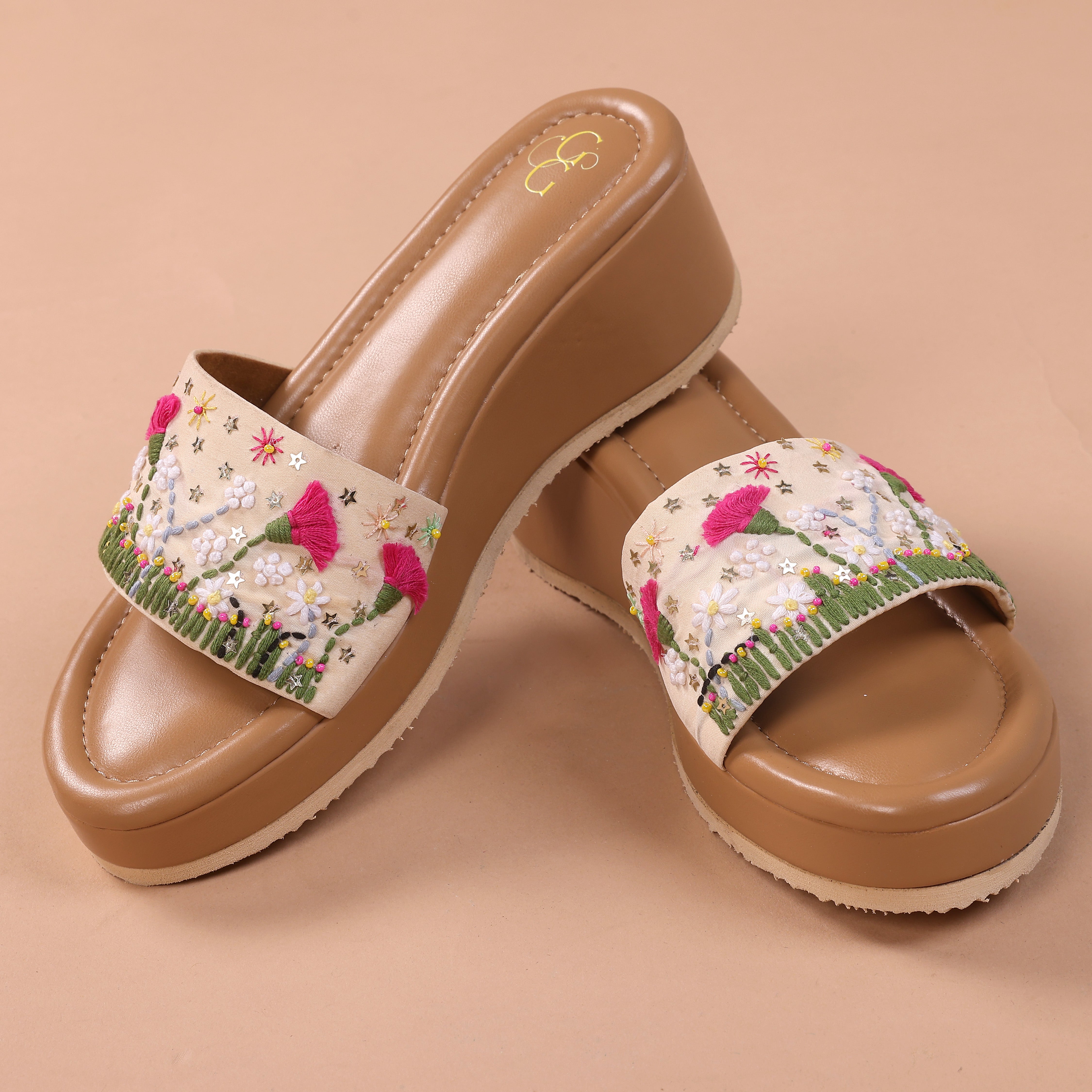 Embroidered open toe slip-on wedges