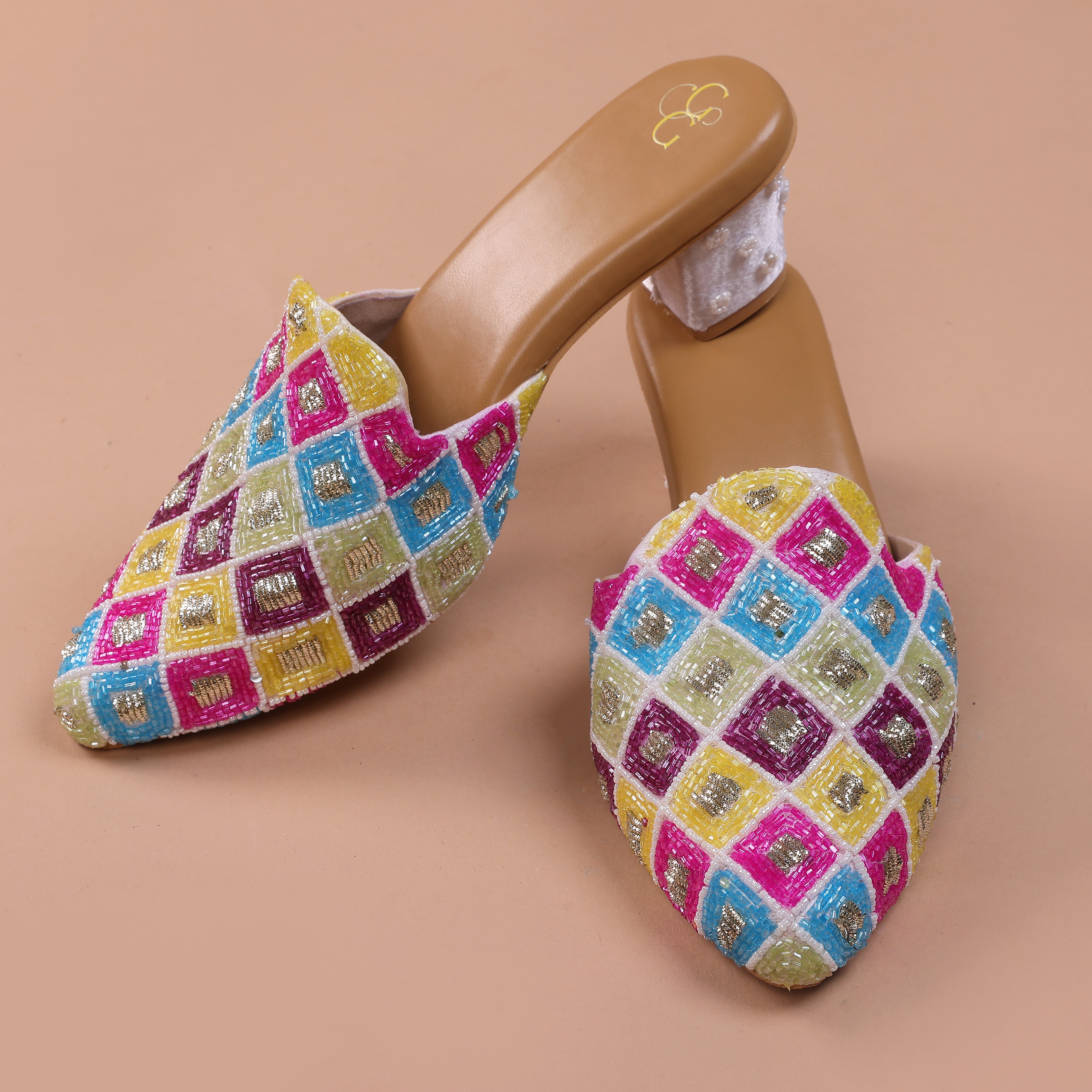 Multicolour beads handicraft heel mules