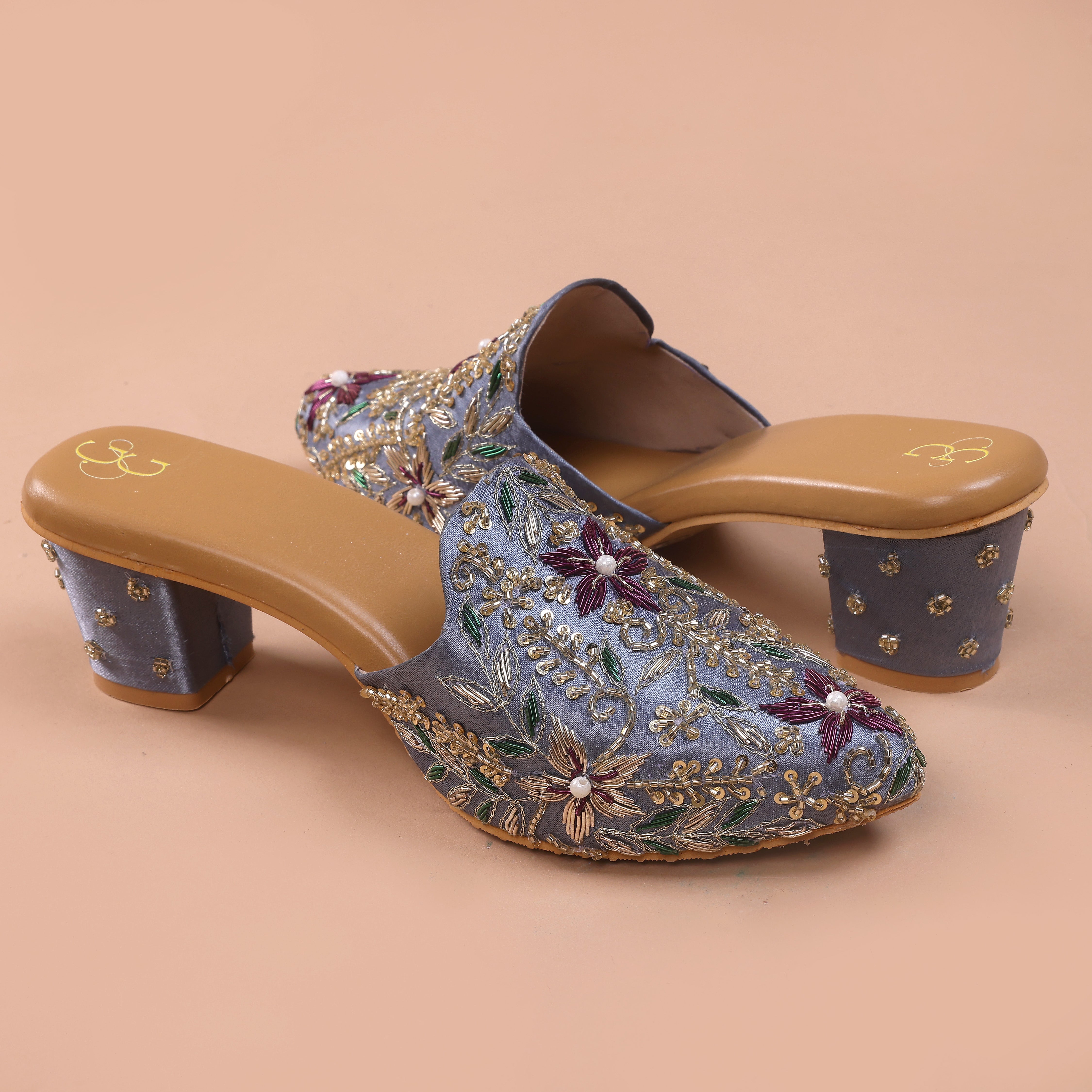 Sparkly blue handicrafted heels mules