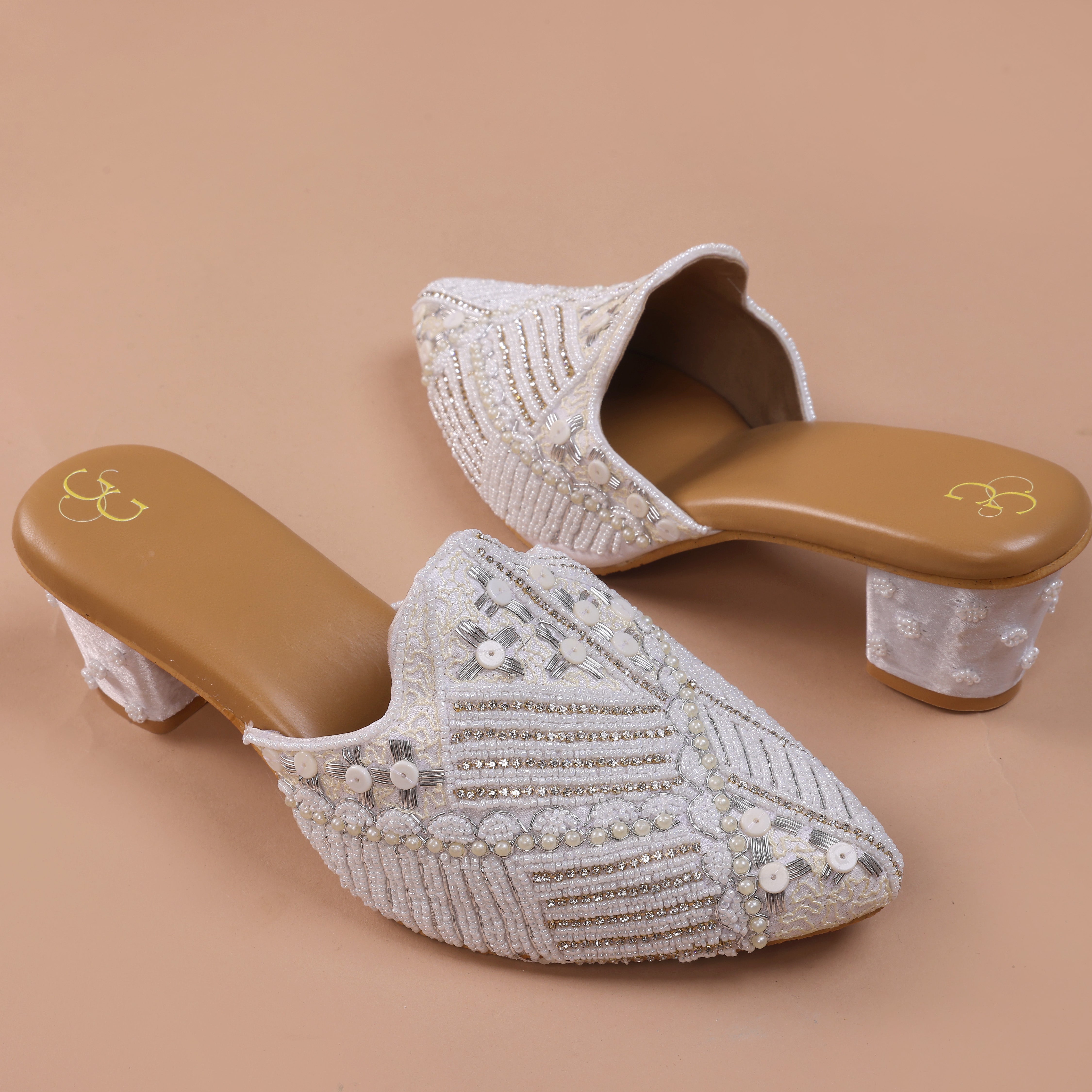 White embellished hand work heels mule