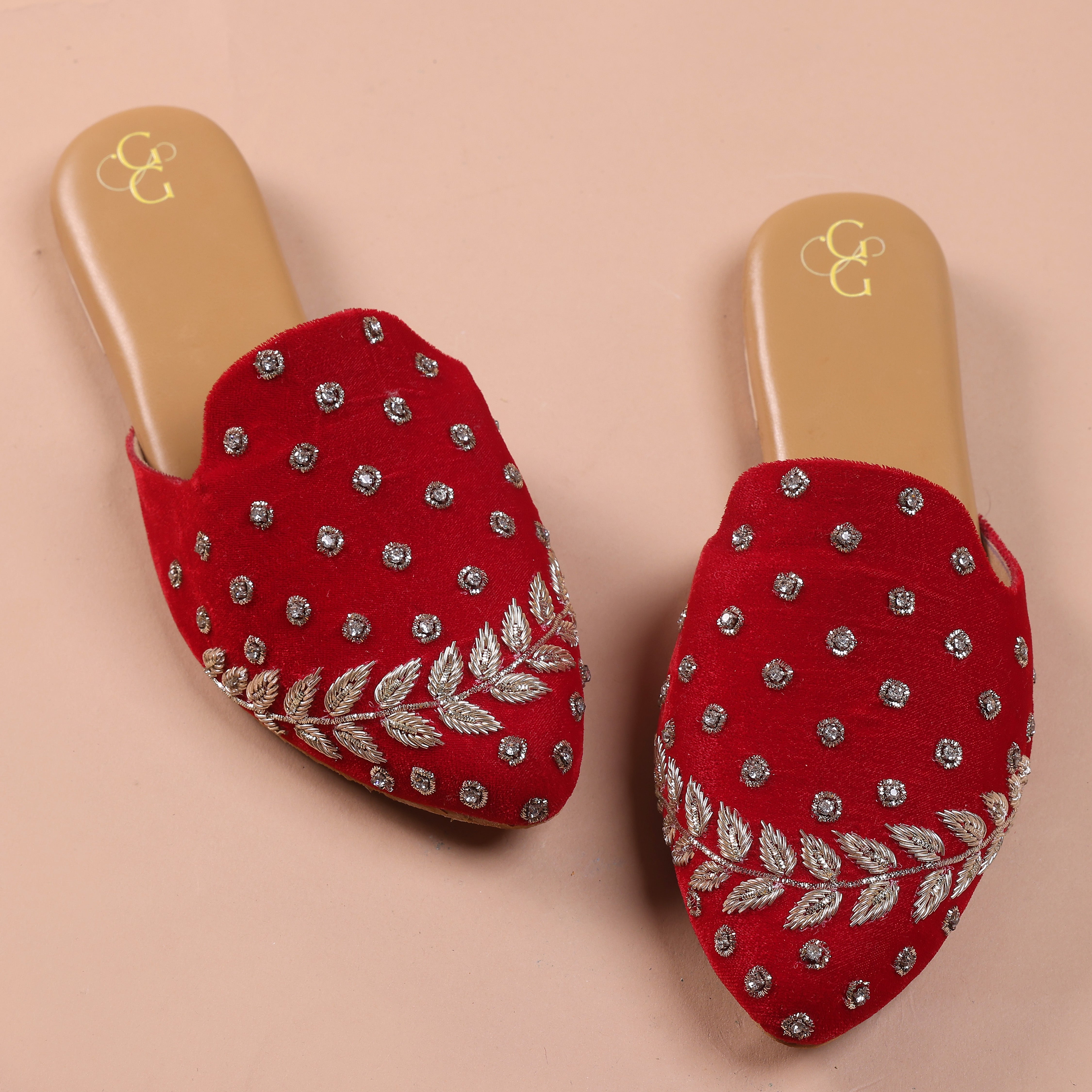 Women Red Velvet with Gold Sequinned Hand Crafted Ethnic Mules