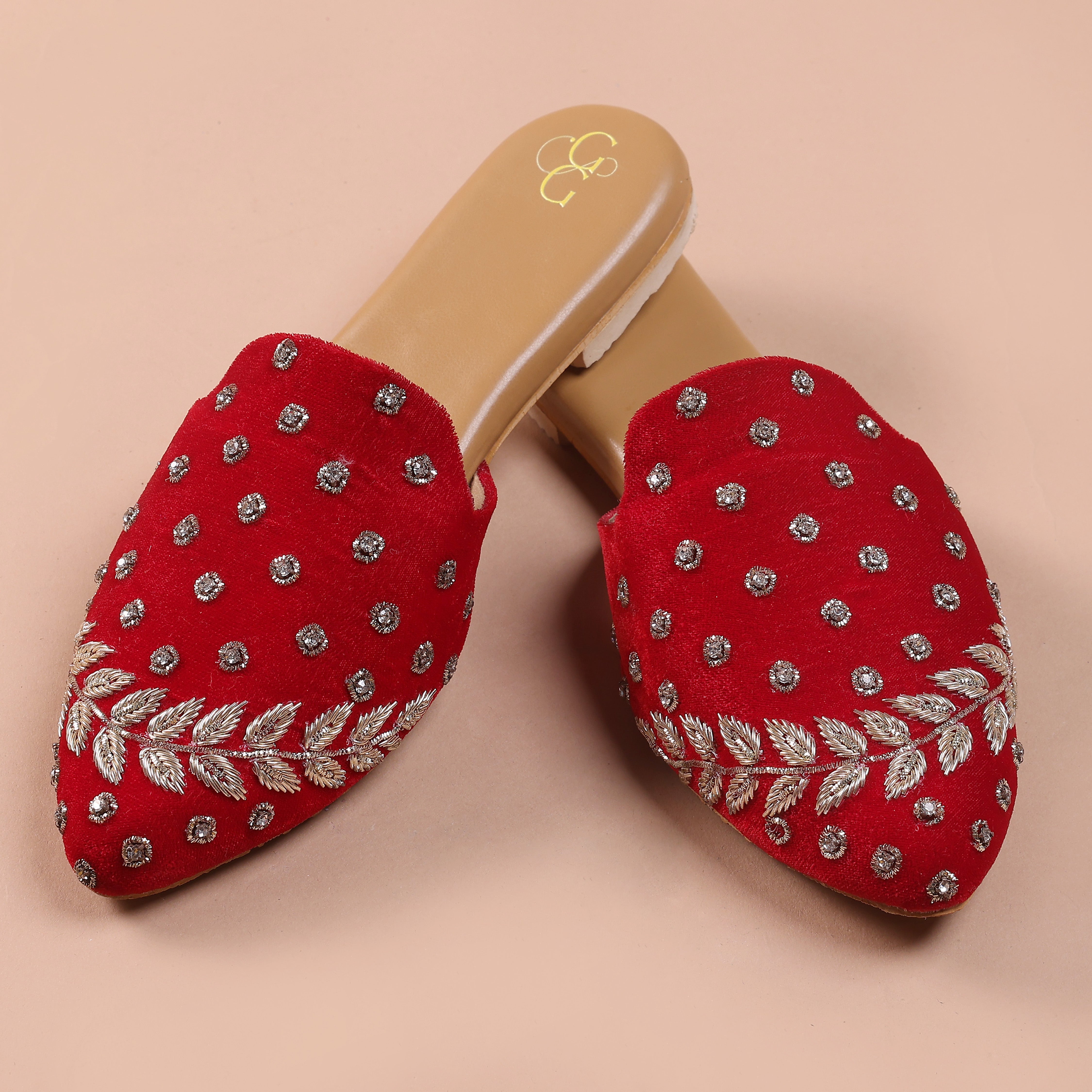 Women Red Velvet with Gold Sequinned Hand Crafted Ethnic Mules