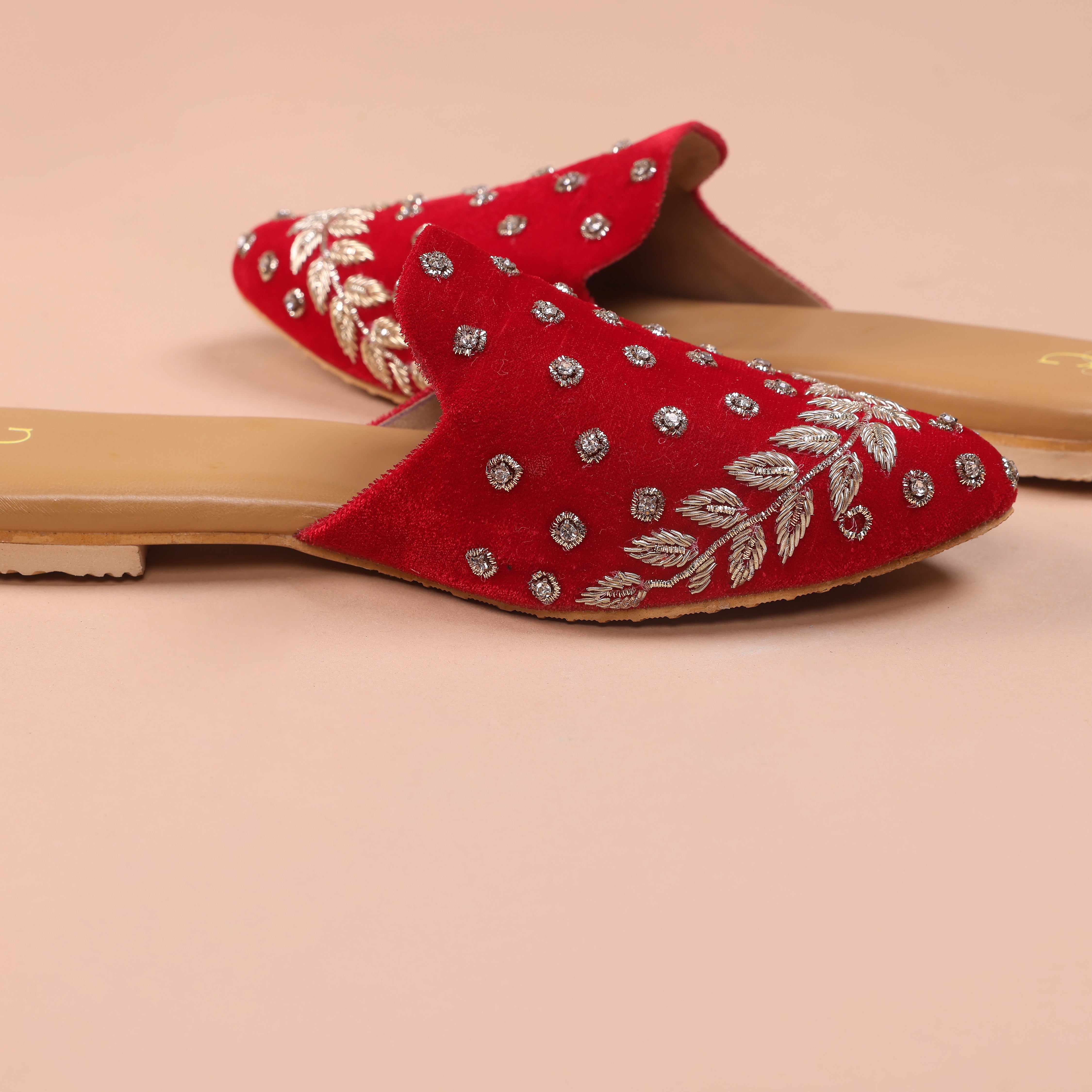 Women Red Velvet with Gold Sequinned Hand Crafted Ethnic Mules