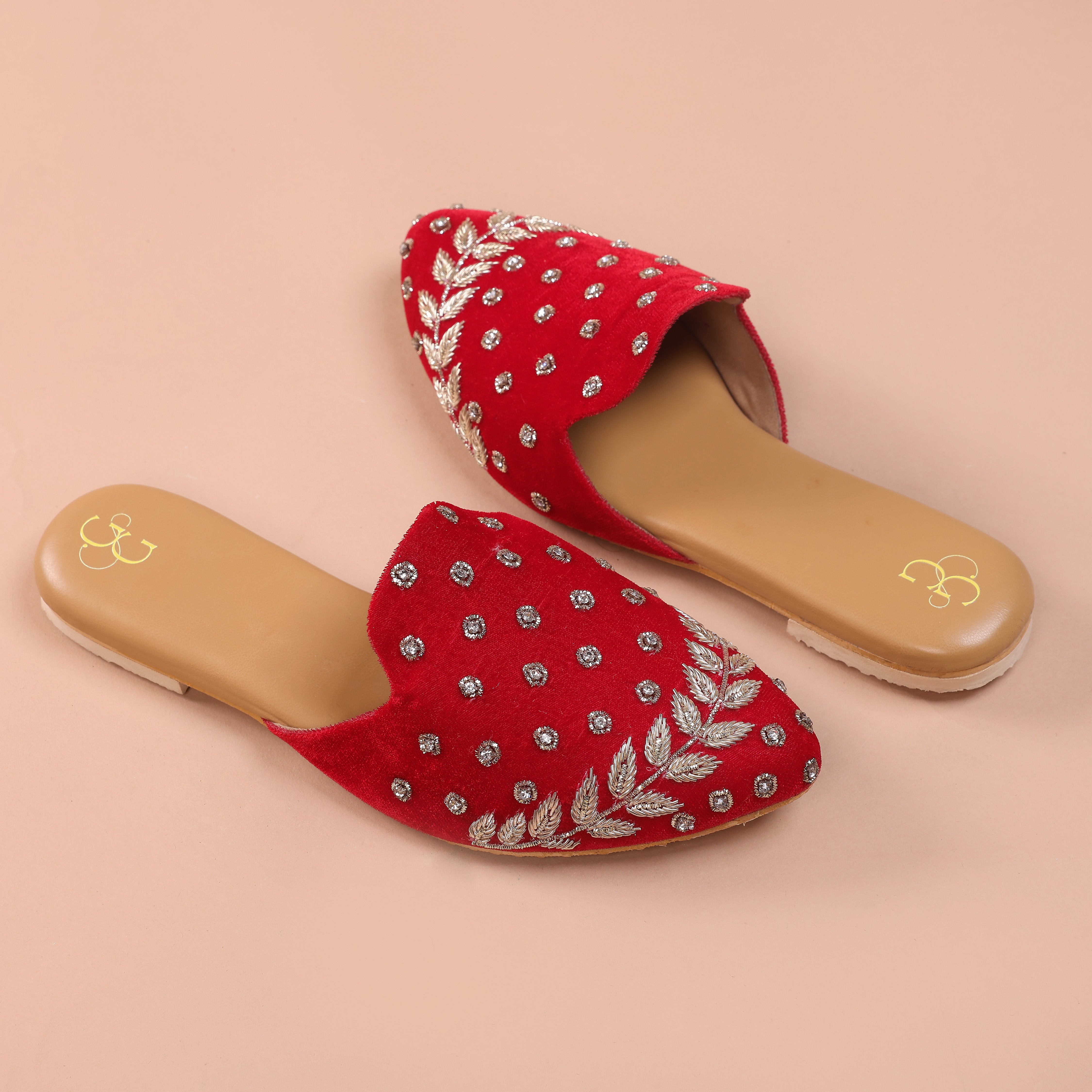 Women Red Velvet with Gold Sequinned Hand Crafted Ethnic Mules