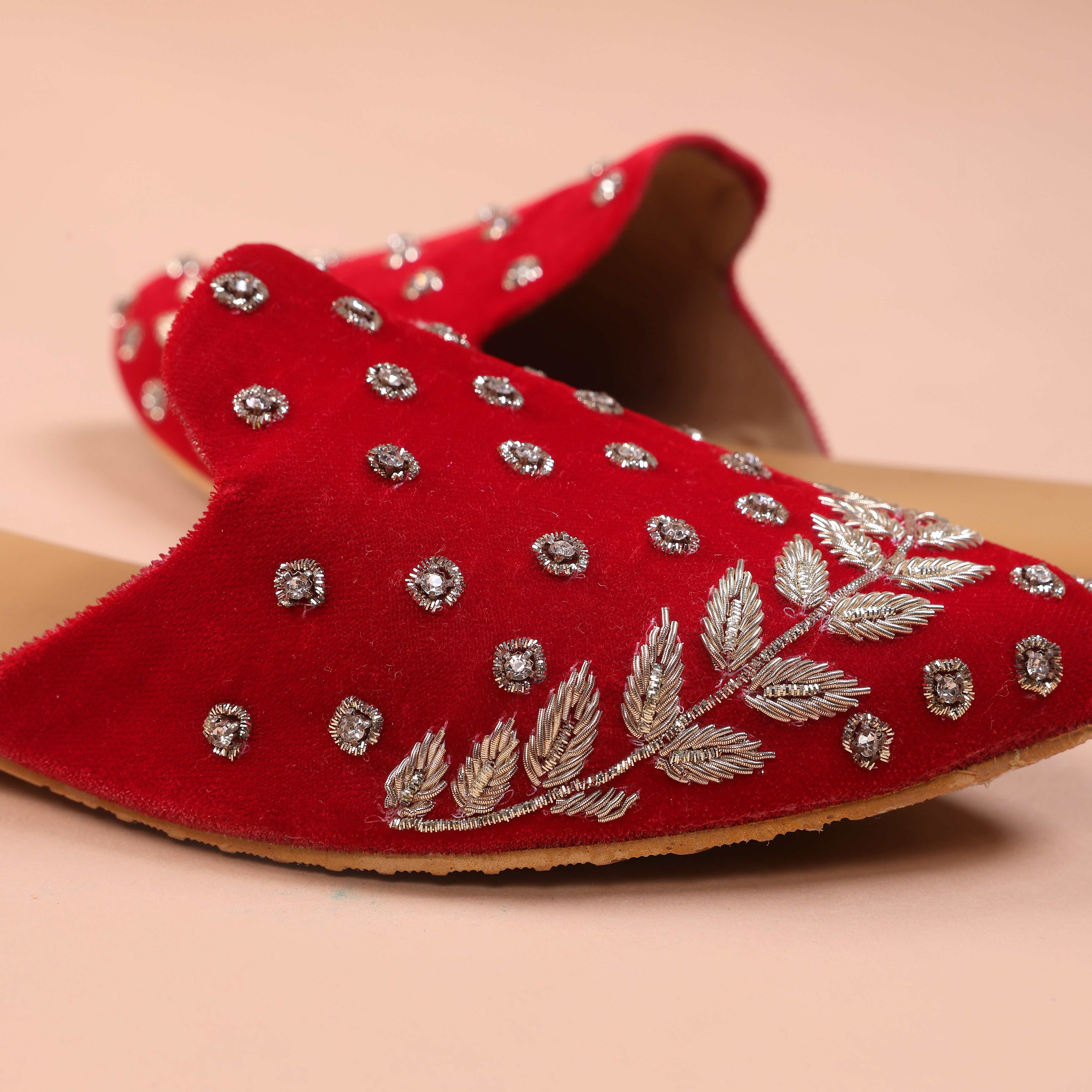 Women Red Velvet with Gold Sequinned Hand Crafted Ethnic Mules