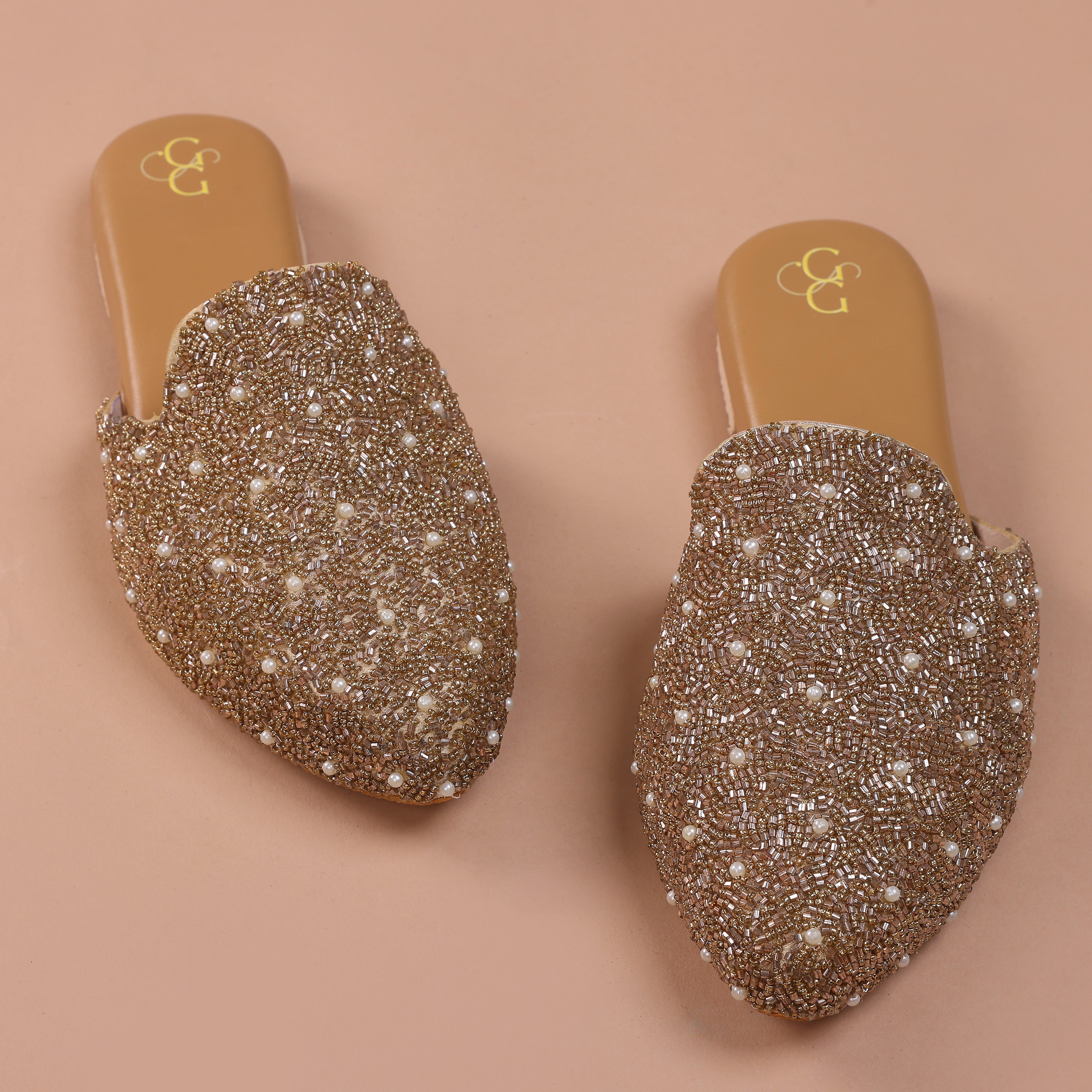 Golden sequence embroidered mules