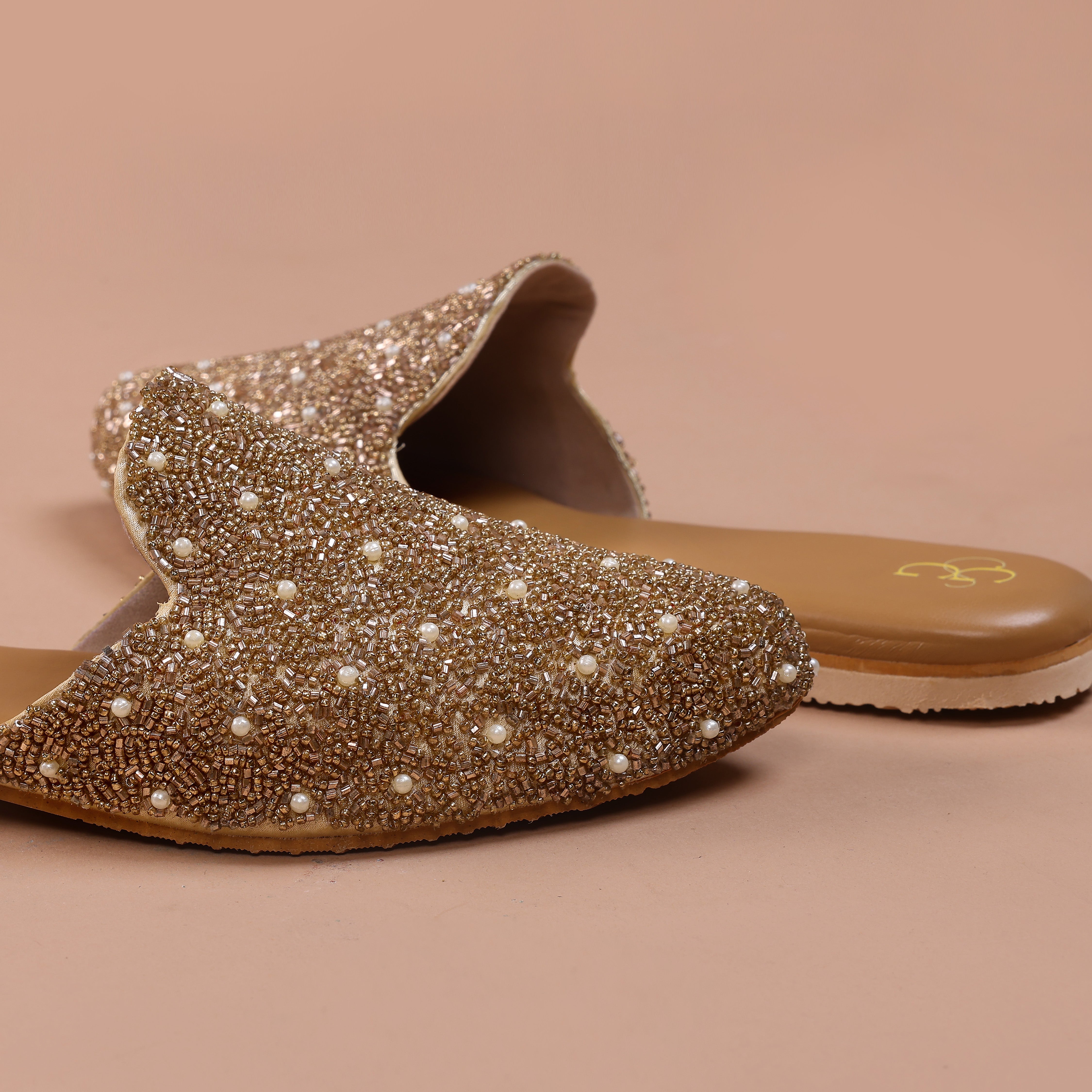 Golden sequence embroidered mules