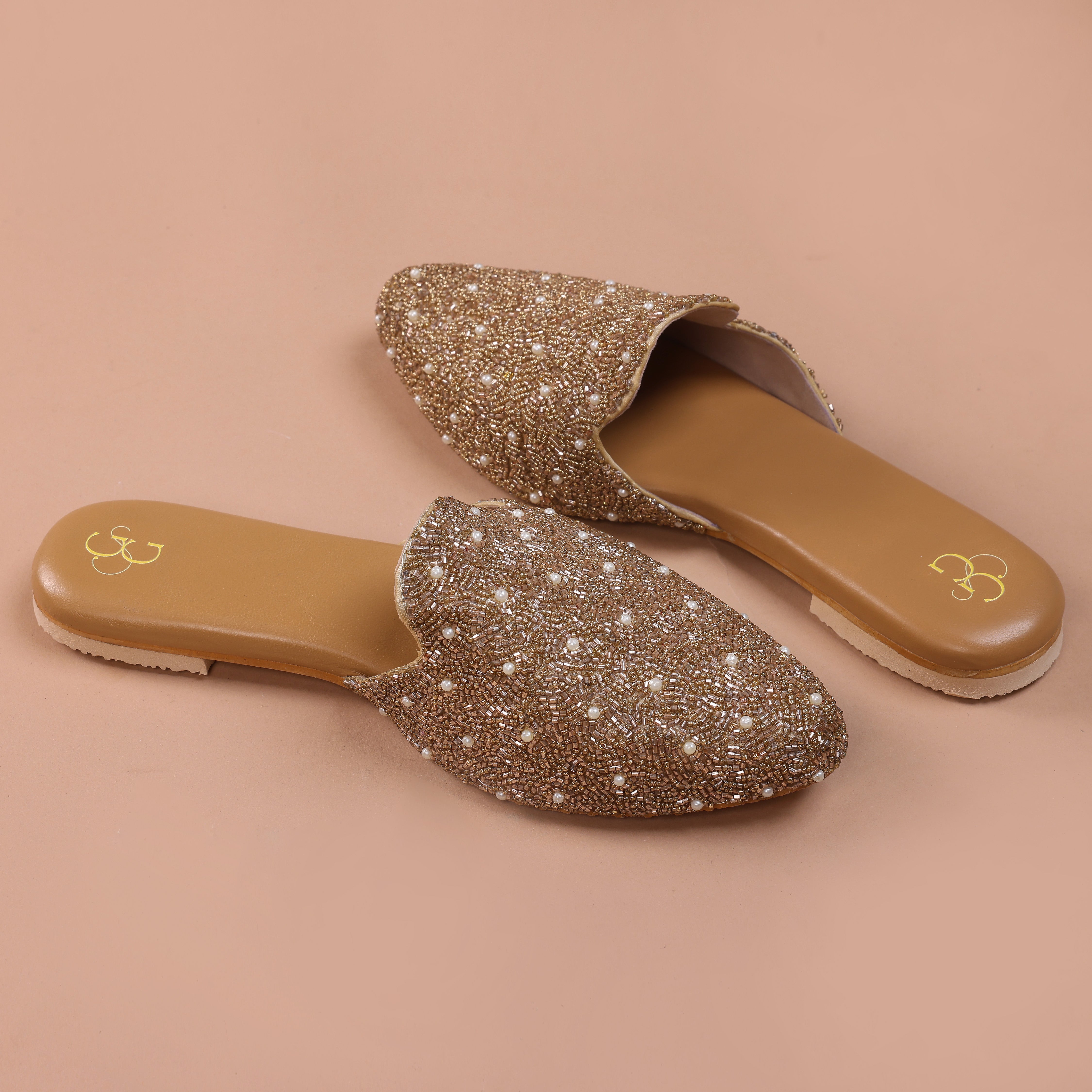 Golden sequence embroidered mules