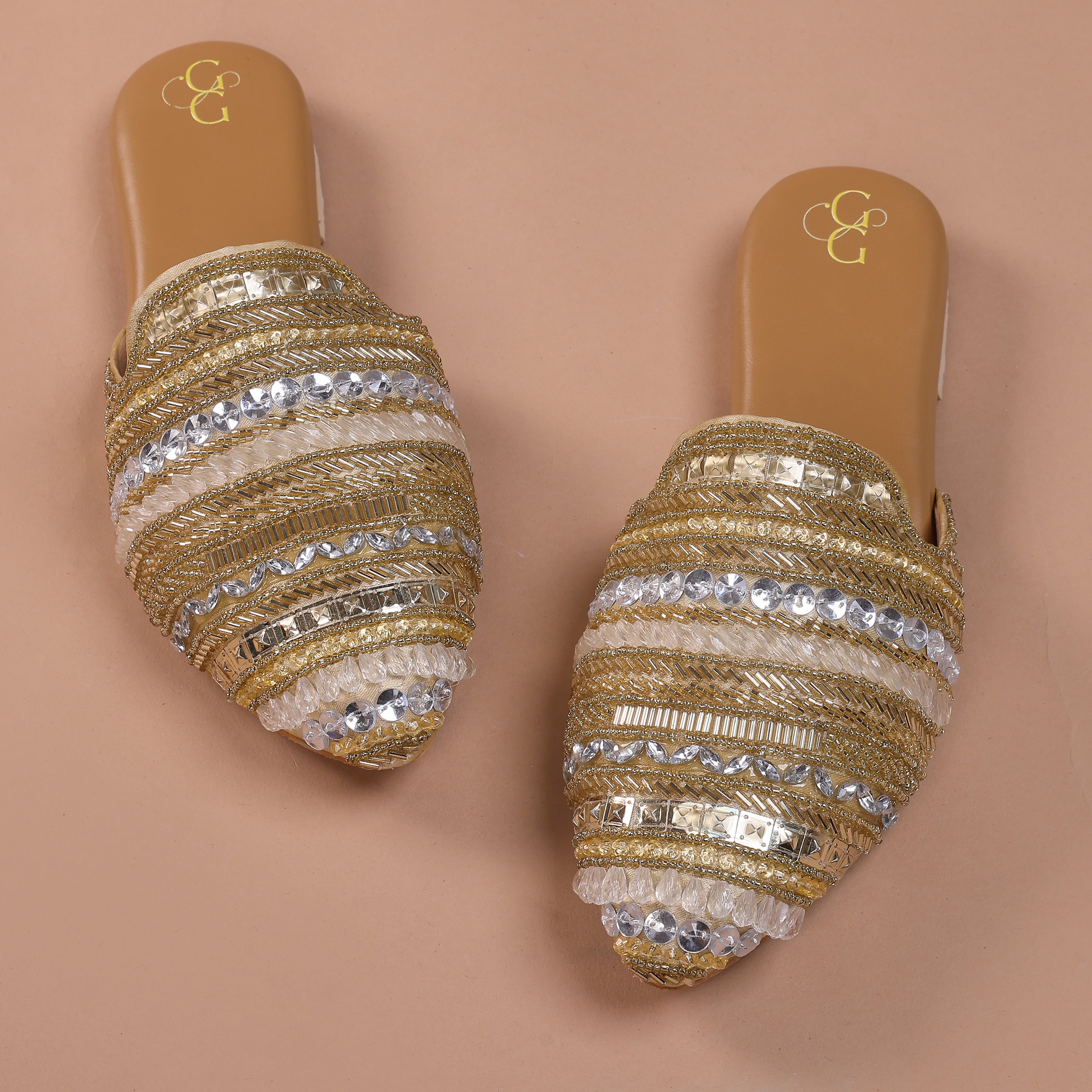 Golden beads with crystal elegance mules