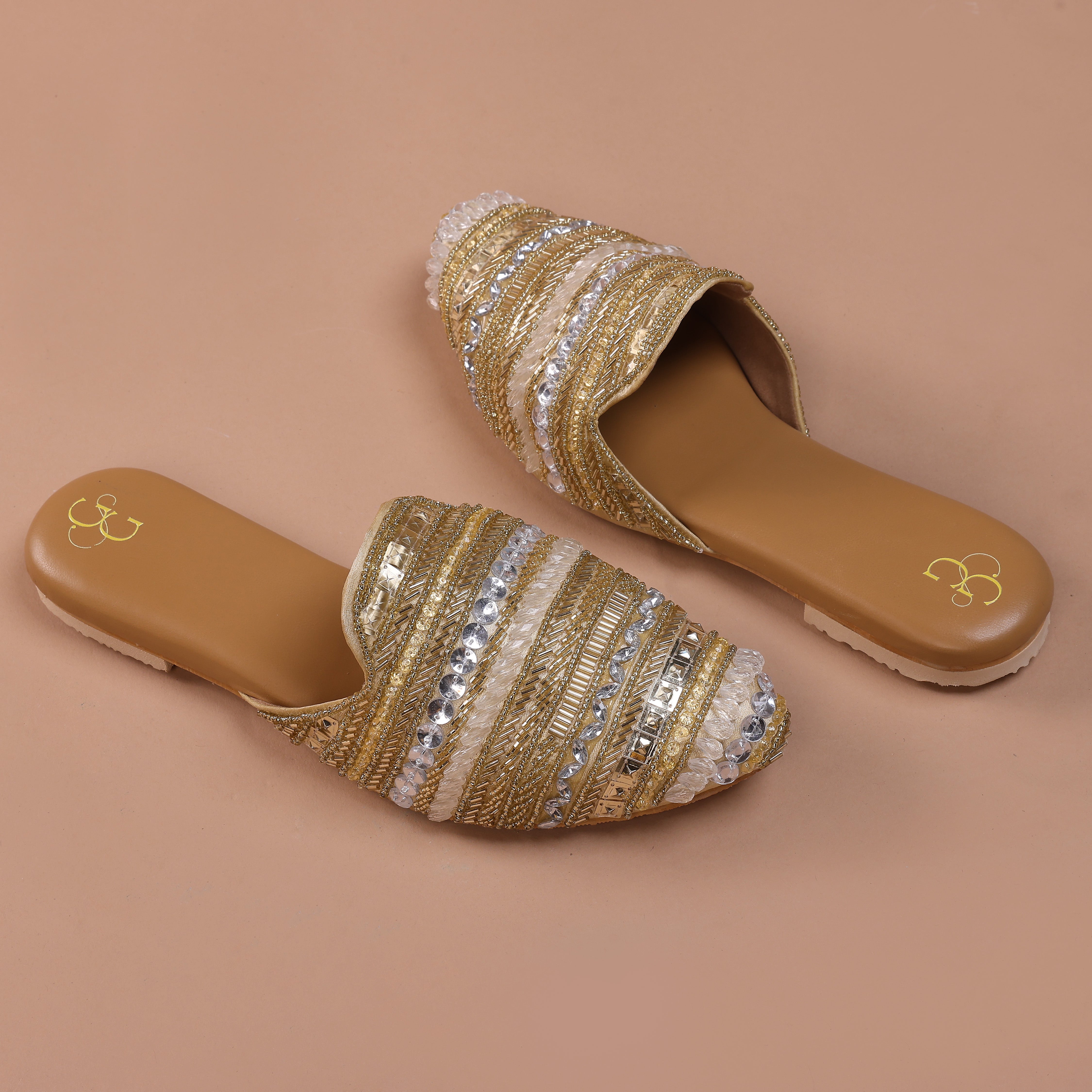 Golden beads with crystal elegance mules