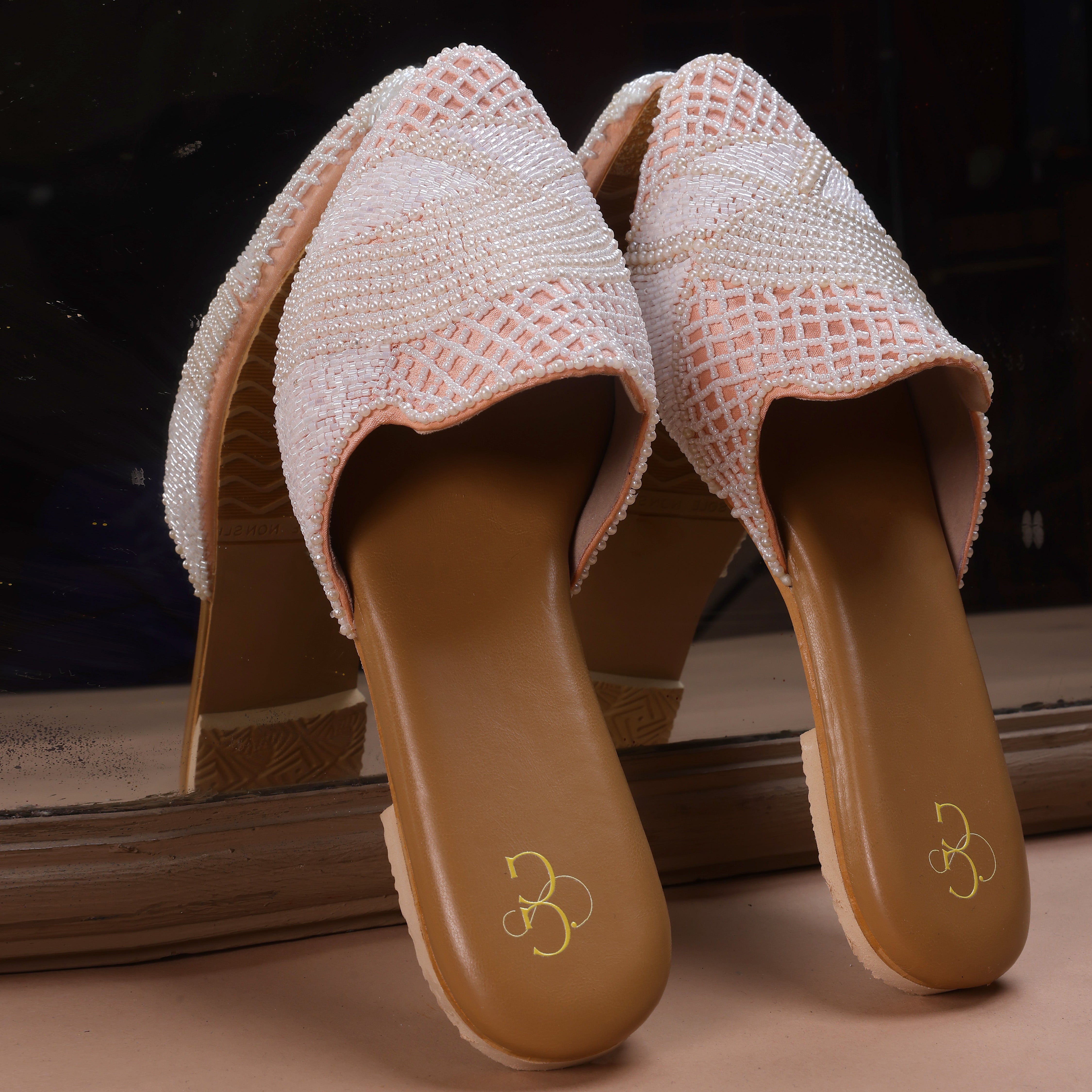 Pearl Perfection Beaded Peach Mules