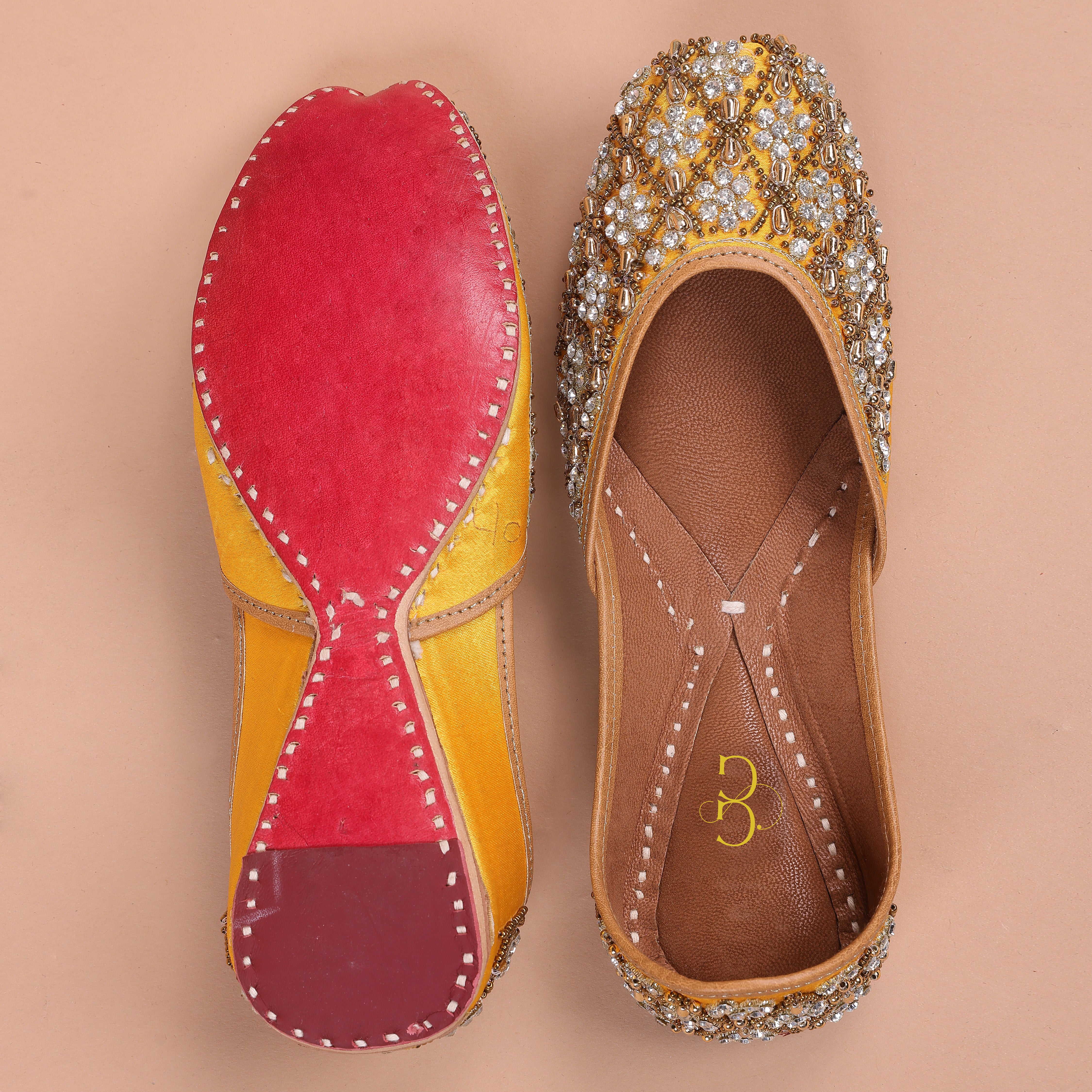 Women yellow & Gold toned embellished handcrafted mojaris