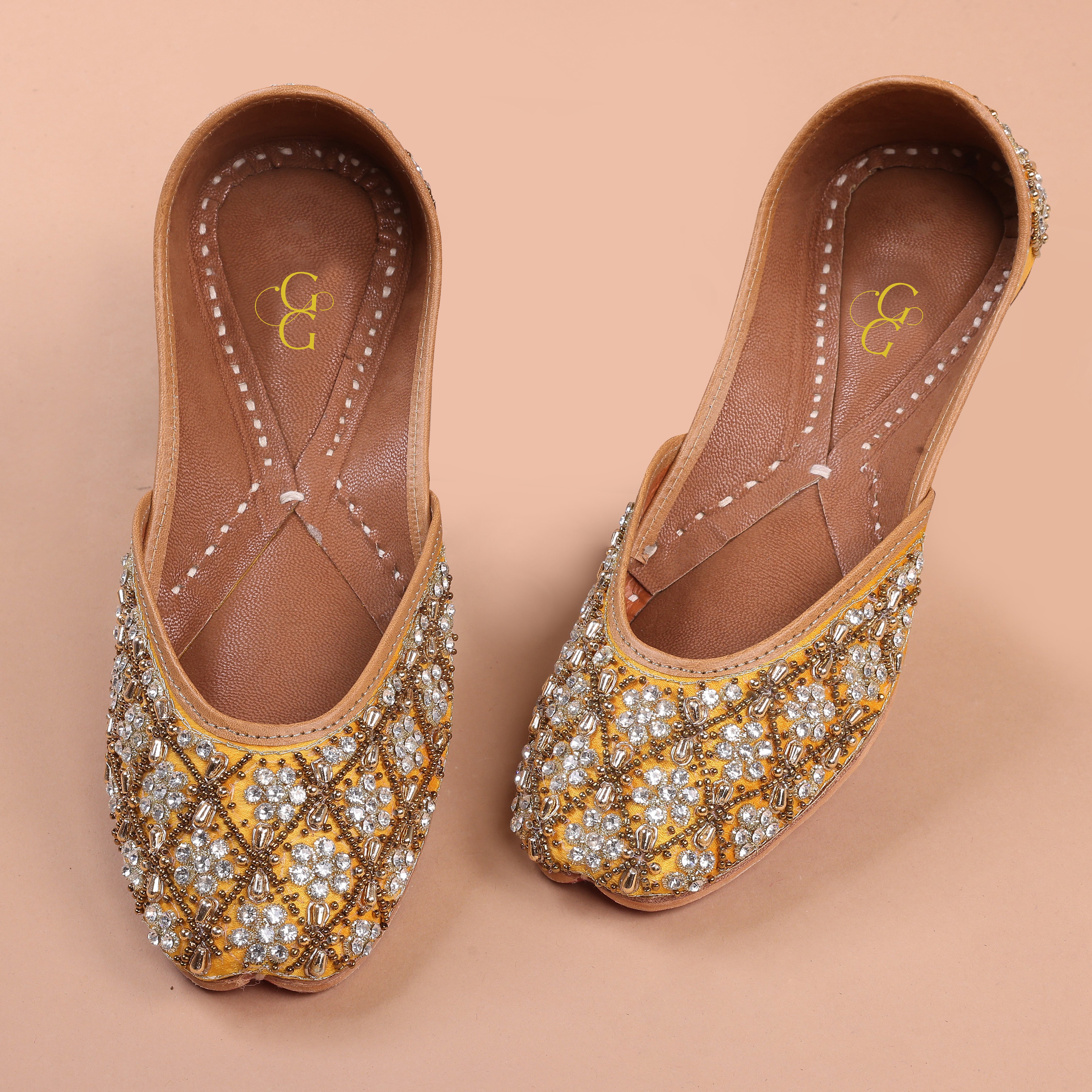 Women yellow & Gold toned embellished handcrafted mojaris