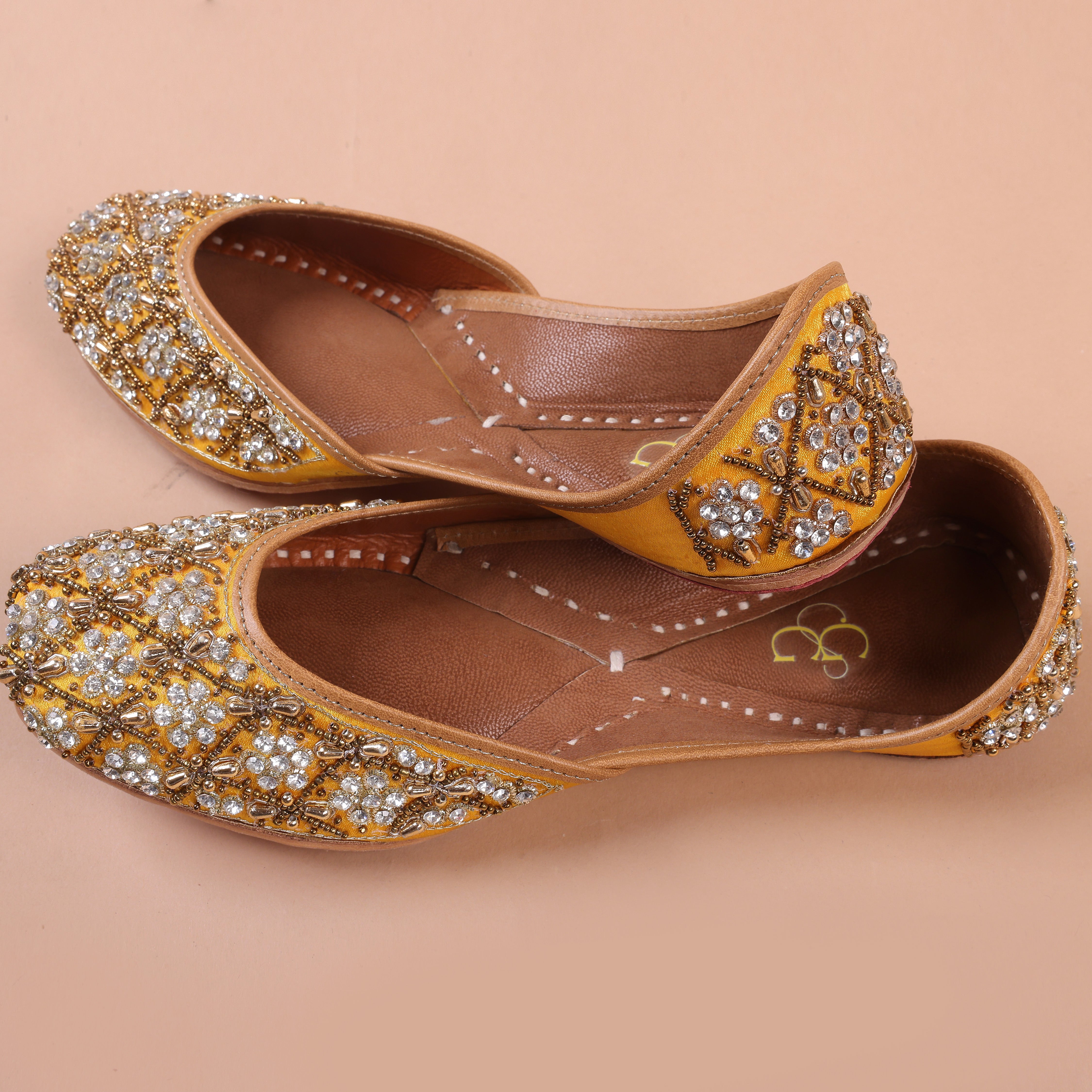 Women yellow & Gold toned embellished handcrafted mojaris