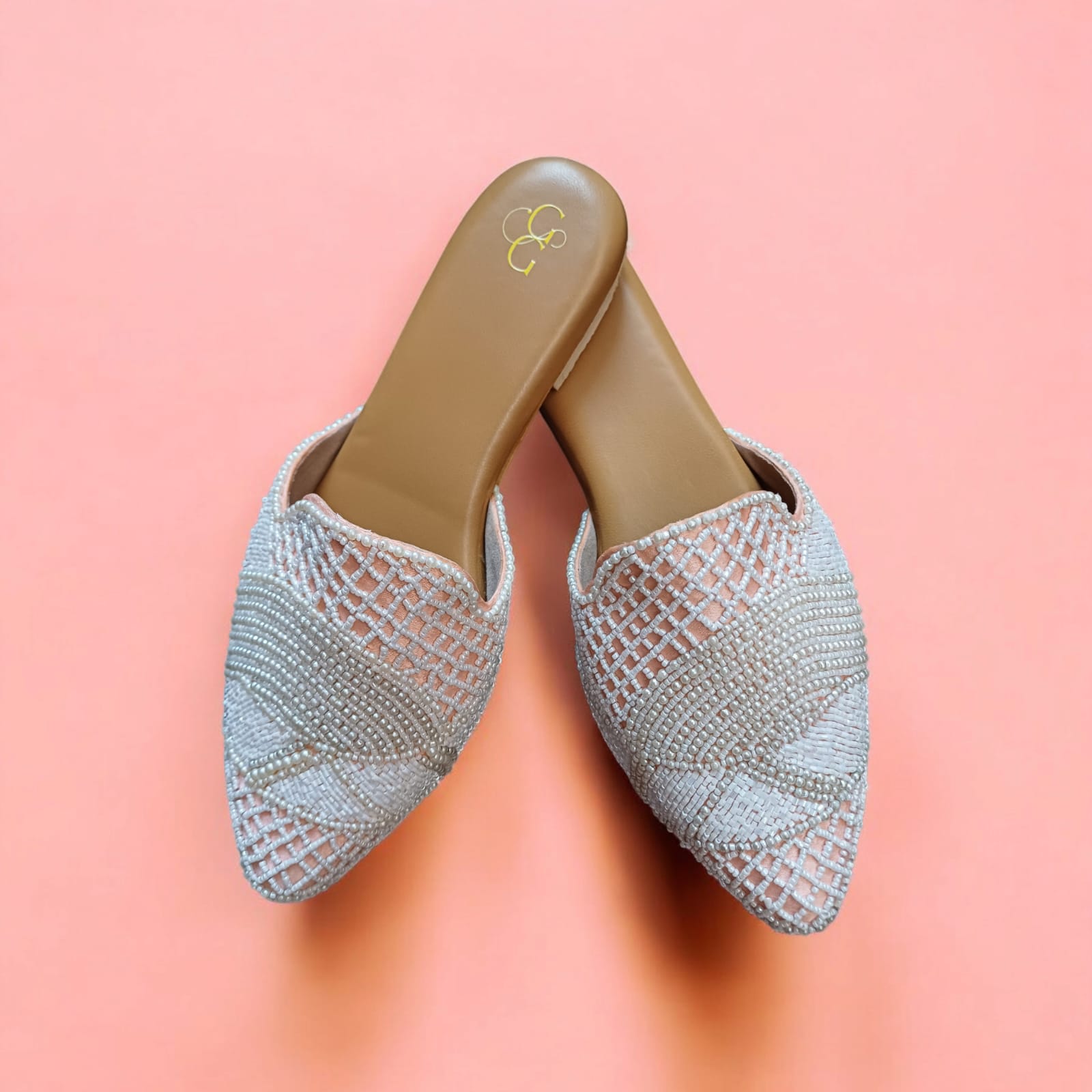 Pearl Perfection Beaded Peach Mules