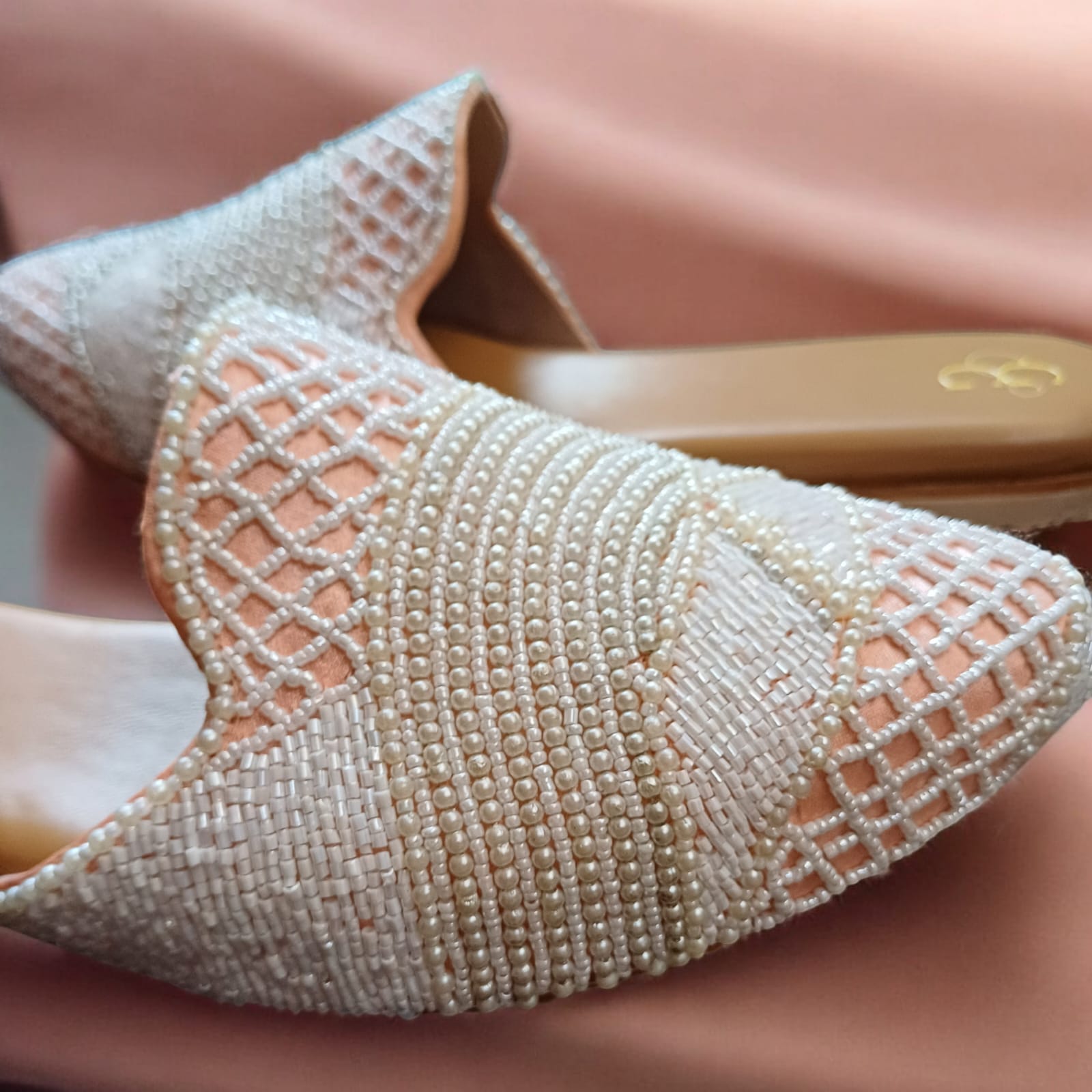 Pearl Perfection Beaded Peach Mules