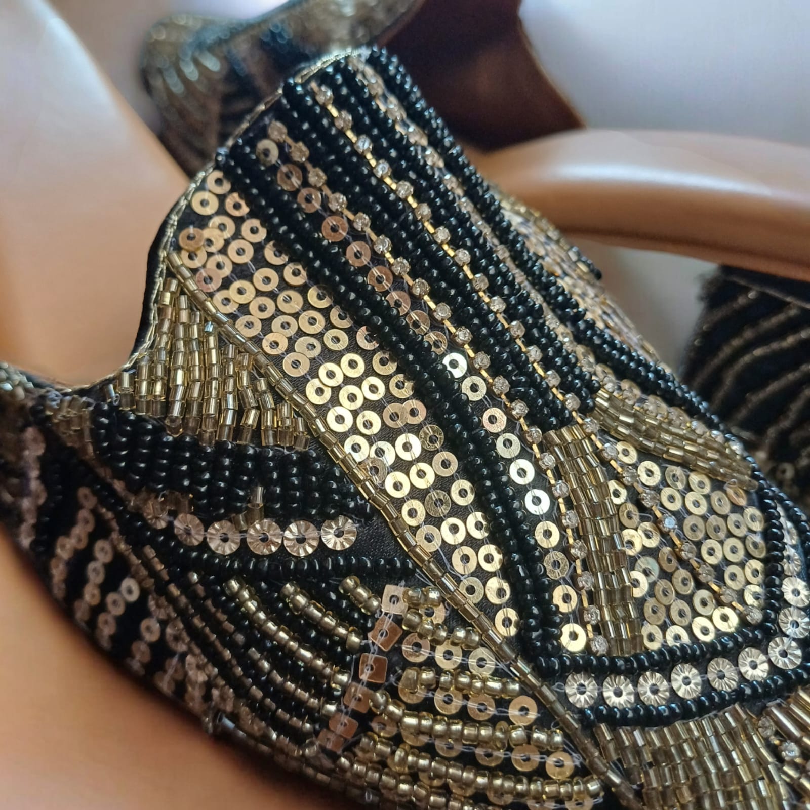 Black with gold beaded embroidery heel mules